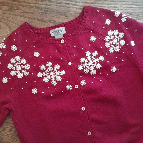 292a. red vintage Eddie Bauer snowflake embroidered y2k cardigan sweater, S - Picture 7 of 8
